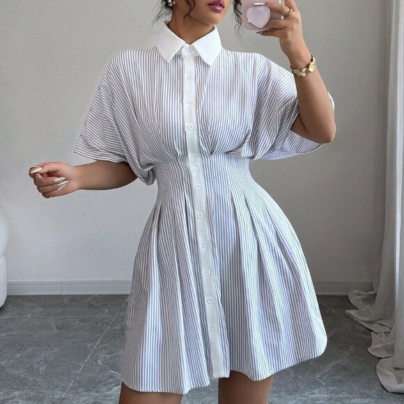 Casual Women's  Striped Short Sleeve Shirt Dress - Picture 1 of 6